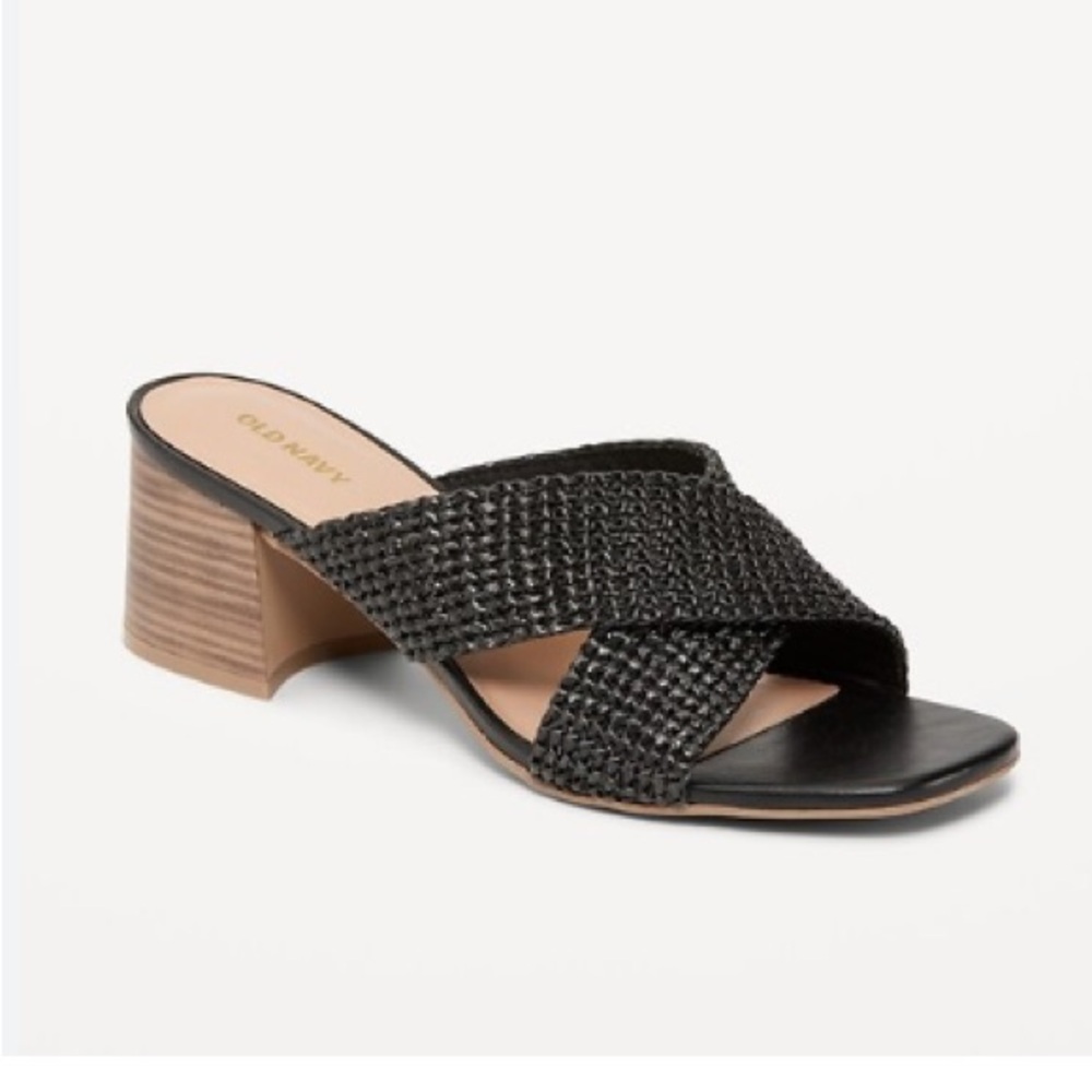 Old Navy Square-Toe Braided Straw Cross-Strap Mule Sandals Black Sz8